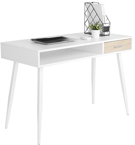 WOLTU Scrivania Bianca con Cassetto e Ripiano - Tavolo PC per Studio/Camera - 110x50x75cm - Struttura Acciaio + Piano Legno