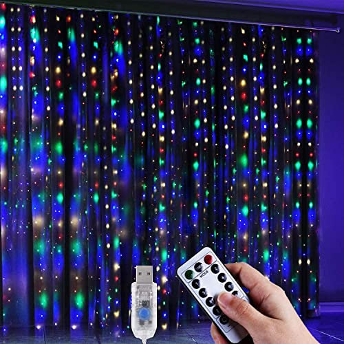 Anpro 3 * 3.2M 320 LED Guirlandes Lumineuses Rideau Multicolore 8 Modes d'Eclairage,DC5V USB Télécommande Rideau Lumineux Decoration de Fenêtre, Intérieur Pour Noël, Mariage, Maison, Patio-4 Couleurs