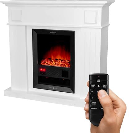 Camino Elettrico Savannah 2000W con Mobile in Legno, Design Retrò - Caminetto Bianco da Terra, Silenzioso, Riscaldamento Regolabile, Garanzia IT