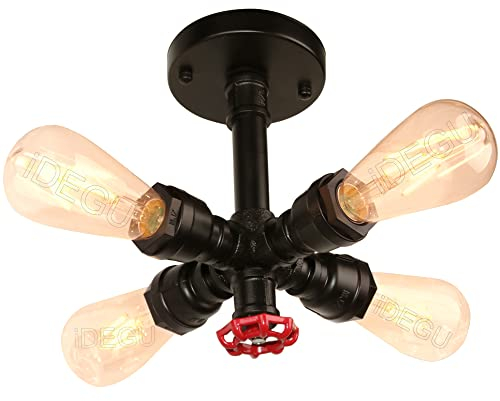 iDEGU Industrielle Deckenleuchte Wasserrohr Lampe 4 Lichter E27 Fassung Deckenlampe Vintage Rohr Lampenschirm, 22CM (Schwarz)