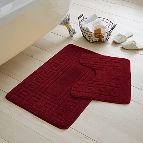 2 Pieces GREEK Bath Mat Rugs for Bathroom - Non Slip Anti Mould Bath Mat Set - Soft - Extra Water Absorbent Pedestal Ultra Plush Bathroom Mats Toilet Shower Set (Burgundy)