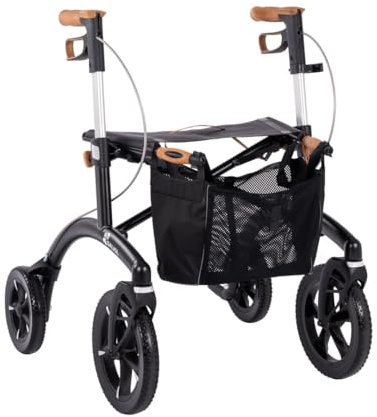 Saljol Allround Alu Rollator, 6,4 kg Leichtgewichtrollator, Sitzhöhe 54 cm, Outdoor Gehhilfe für Stadt und Offroad, Schwarz (Modell 2023)