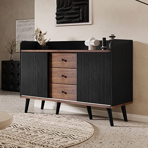 Merax Kommode Holz, Modernen Sideboard mit Schiebetüren, Schrank mit 3 Schubladen, für Wohnzimmer, Esszimmer & Schlafzimmer, 117,5x39,5x80 cm, Schwarz und Dunkles Holz