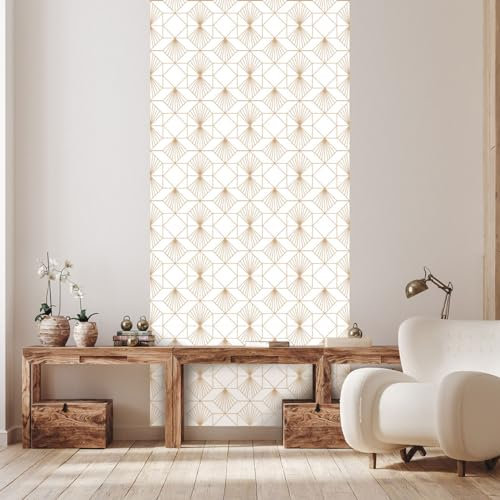 Ambiance Sticker Papier Peint Intissé Pré-encollé Rouleau Wallpaper Motif Art Déco Géométrique Blanc Adhésif Décorative - 1 Roulle de H300 x L60 cm