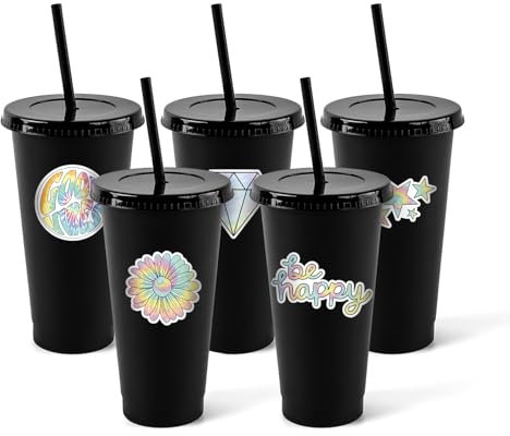 5 Pack Black Cups with 50 pcs DIY Stickers Reusable Glitter Cups with Lids and Straws Plastic Tumblers with for Adults to Drink Water Coffee Smoothie Beverages at Parties-710ml Black
