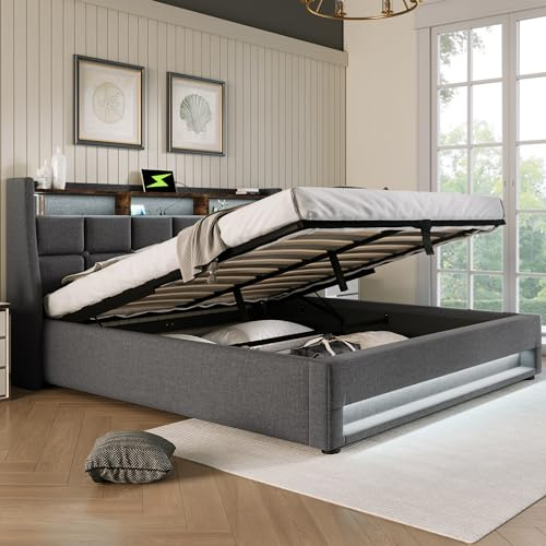 Merax Polsterbett 160x200cm, Doppelbett mit Bettkasten und Lattenrost, Stauraum Kopfteil mit LED & USB Ladefunktion, Hydraulisch Stauraumbett Funktionsbetten, Leinen, Jugendbett, ohne Matratze, Grau