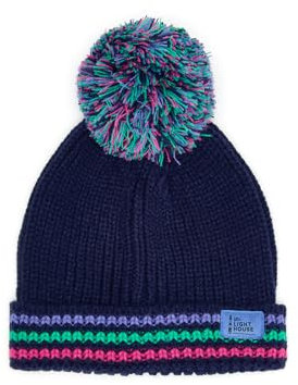 LightHouse Kids Bobbie Warm Bobble Cable Knit Hat - Childrens Winter Outdoor Headwear - Pink Purple Teal Striped - 5-10 Years