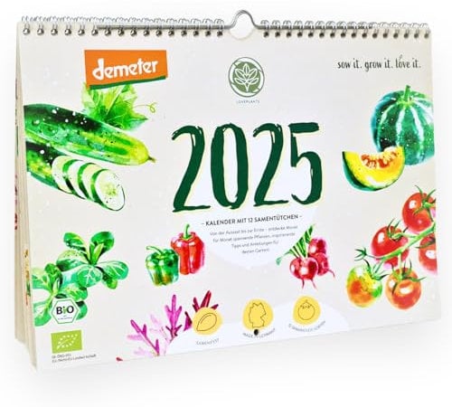 Bio Saatgut Kalender 2026 – Garten Wandkalender A4 mit 12 Sorten Demeter Gemüse Samen | Einpflanzbarer Monatskalender von Loveplants mit Aussaatkalender | Geschenkideen für deine Gartenfreunde