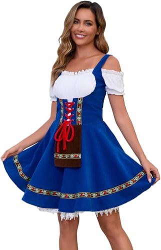 Populus Blue Oktoberfest Dirndl Dress Costume for Women German Traditional Bavarian Outfits