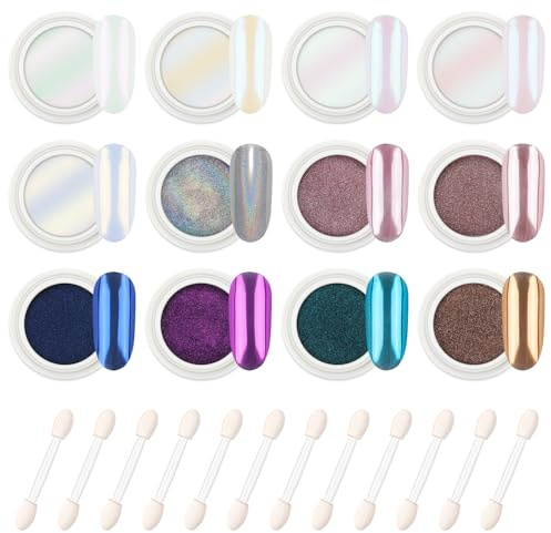 AIMEILI Pearl - Kit de manicura en polvo para uñas, 12 colores, cromado, efecto espejo, holográfico, efecto espejo, pigmento iridiscente, purpurina