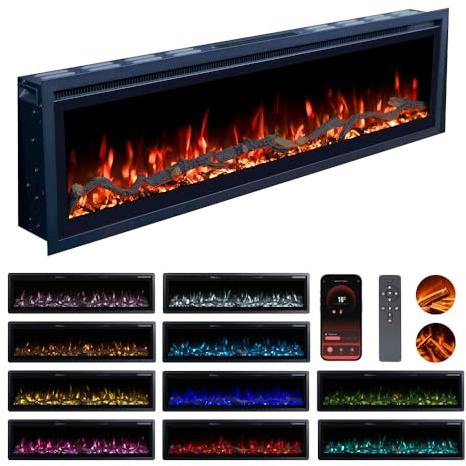 Valine Fires Recessed Electric Freestanding Fireplace UltraSlim Heater 60/152cm, Wall-Mounted Fireplace for Media Wall, Electric Fire with 15 LED Flame Colours, Remote Control & Real Logs, 900W/1800W
