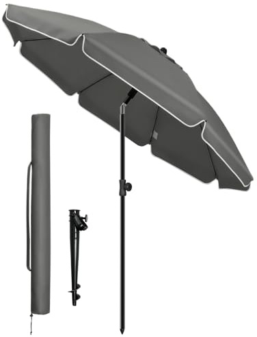 VOUNOT® 2m Tilting Garden Parasol with Ground Anchor, Beach Umbrella with Carry Bag, UV 50+, Adjustable Outdoor Parasol for Patio, Deck & Table, Grey