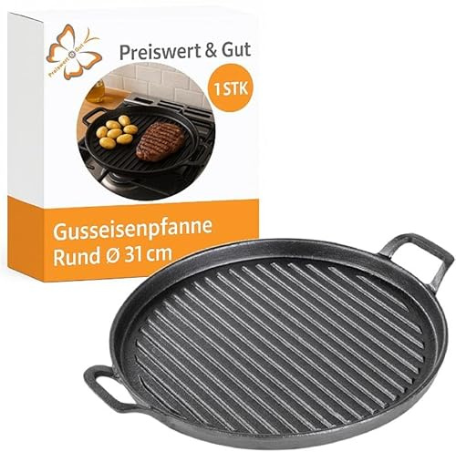 Gusseisenpfanne Grill Rund Durchmesser 31 cm massiv mit Griffen für BBQ | Grillplatte aus Gusseisen, für Herd und Ofen, mit gleichmäßiger Wärmeverteilung, 2,9 kg, Preiswert&Gut