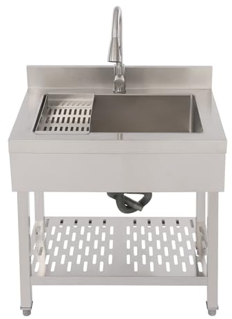 Gdetnysty Lavello autoportante in acciaio inox con rubinetto estraibile per casa, garage, giardino, molto resistente, con cestello sgocciolatoio, dispenser di sapone e angolo rotondo, facile da