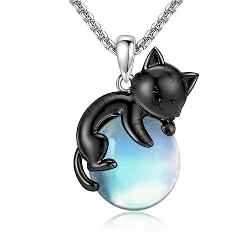 CUPENDA Cat Necklace 925 Sterling Silver Black Cat Moonstone Pendant Cute Animal Jewellery for Women Animal Lovers