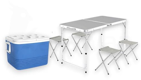 Combo de Verano Nevera Plástica Portátil 60L con Mesa y Sillas Plegables para Exterior, Color Azul