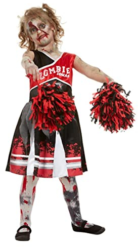 Smiffys Zombie Cheerleader Costume, Red with Dress & Pom Poms, Halloween Child Fancy Dress, Zombie Dress Up Costumes
