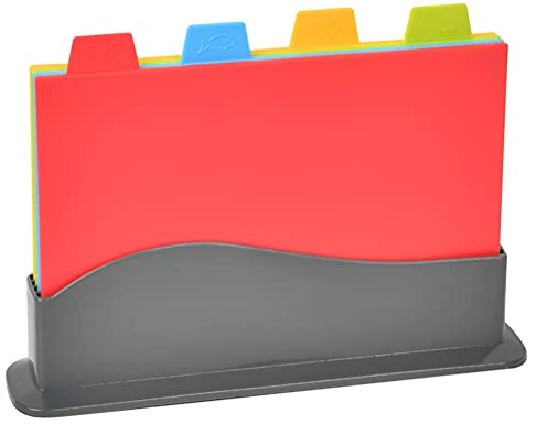 Set of 4 Plastic Chopping Boards with Intelligent Color Coding and Storage Stand High Temperature Resistant, Durable and Dishwasher Safe