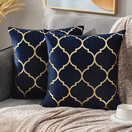 Cheekywares 2er Set Kissenbezüge Marineblau Abstrakt Geometrische Goldprägung Marokkanischen Quatrefoil Dekokissenbezüge Akzent Wohnkultur für Couch Sofa Stuhl Terrasse Gartenmöbel 45 * 45 cm
