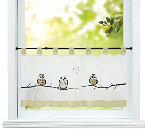 ESLIR Scheibengardine Landhaus Bistrogardine mit Schlaufen Küche Gardinen Transparent Vorhänge Voile Kurzgardine Bestickt Sand HxB 45x90cm 1 Stück