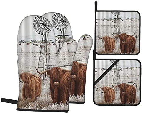Handschuhe Und Topflappen-Set, Kuh Longhorns Hochlandkuh Hot Pads Kits Verdickte Handschuh Waschbarer Ofenhandschuhe Set Für Kitchen Kochen Dekoration