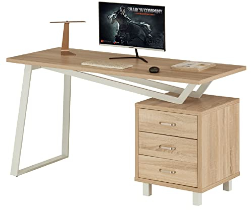 yelloo - Schreibtisch mit Schubladen, platzsparend, Computertisch, geeignet für Kinderzimmer, modernes und elegantes Design, Bürotisch und PC-Halterung (Modell: ELEGANT Eiche)