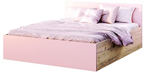 FurnitureByJDM Lit Coffre 120x200 avec Sommier – Double - Moderne Lit avec Rangement – Ouverture à Ressorts - Chambre Complete - (Chêne Craft/Rose)