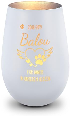 GRAVURZEILE Deko Windlicht aus Glas mit Gravur - Pfotenherz - Personalisiert mit Namen & Datum - Haustier Trauerlicht - Grabschmuck zur Beerdigung oder als Andenken - Weiß/Silber