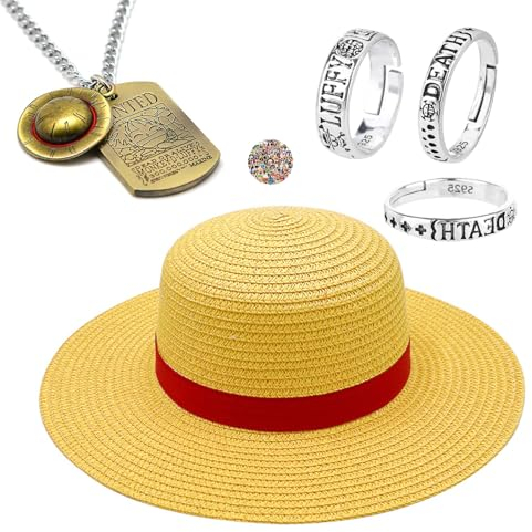Zaky Anime Luffy Sombrero de paja amarillo Anime One P. Collar de esqueleto náutico Juego de anillos Accesorios Cosplay Unisex Sombrero de paja de verano Pegatinas de dibujos animados 15 piezas