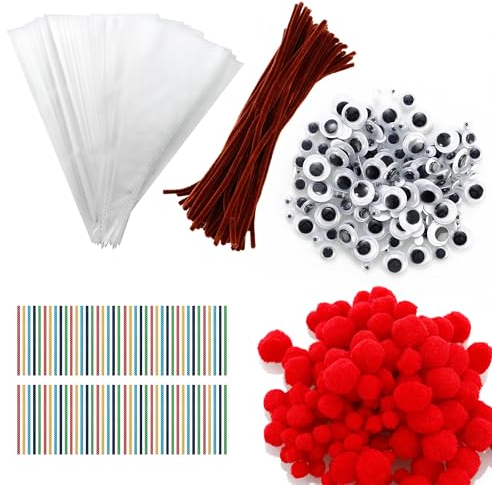 600 Stück Pfeifenputzer Zum Basteln,Pfeifenreiniger Zum Basteln,Pfeifenreiniger Grün,SüßigkeitenTüten,Chenilledraht,Rote Pom Poms,für Kunsthandwerk,Kindersüßigkeiten,selbstgemacht Geschenke für Kinder
