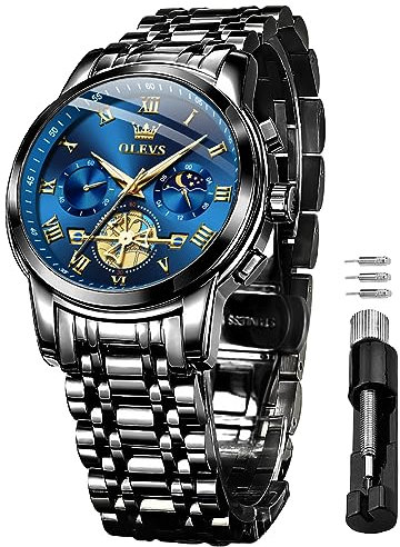 OLEVS Hommes Noir Bleu Chronographe Montre Quartz Business Montre De Luxe en Acier Inoxydable éTanche Night Light Moon Phase