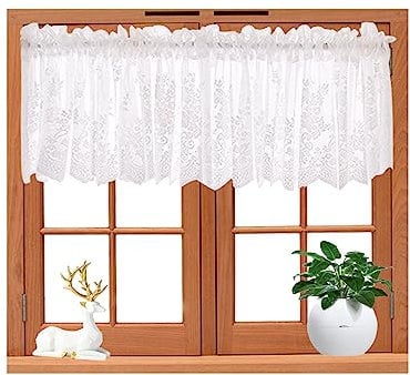 Cleminsta Mantovana Tenda per Finestra in Pizzo Traforato, Tendine Corta 137 * 61cm, Morbida ed Elegante per Cucina, Camera e Bar, Facile da Installare, Perfetta per Piccole Finestre,Caffè - Bianco