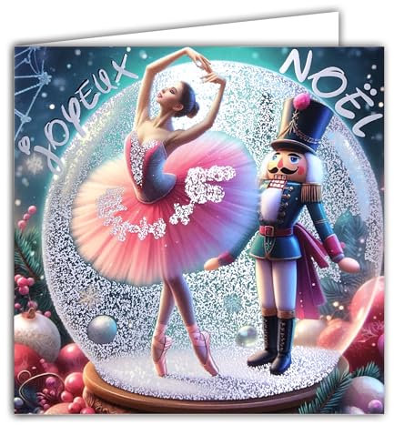 23090 Carte carrée Joyeux Noël Boule à Neige Argentée Brillante avec Enveloppe Carrée Blanche Format 15x15cm - Ballerine Danseuse étoile Tutu Rose et Soldat de bois Casse-Noisette - Fabriqué en France