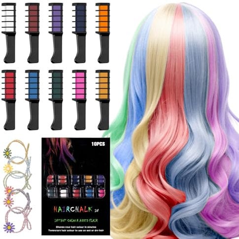 Haarkreide für Mädchen Set I 10 Auswaschbare Farben & 5 Haargummis I Temporäre Haarkreide Kamm Haar Kreide Haarkreide für Kinder I Ideal für Halloween, Weihnachten, Geburtstage I Sicher und Farbenfroh
