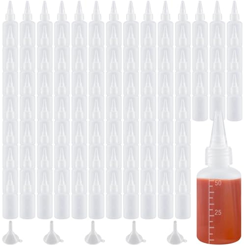 UNGFEI 100 PCS 50ml Semi Transparent Squeeze Applicator Bottles, 2 oz Small | Dispensing Bottles with Funnels, Squeeze Bottle for Paint Art, Craft, Liquids, DIY