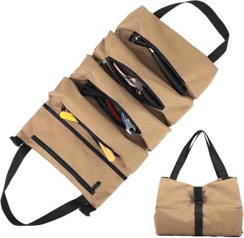 Werkzeug Rolltasche - Canvas Schraubenschlüssel Werkzeugtasche mit 5 Reißverschlusstaschen, Ideal für Klempner Handwerker und Elektriker (Khaki)