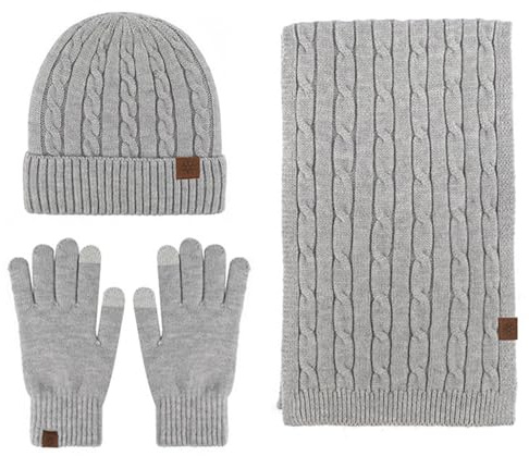 Bocguy Mütze, Schal & Handschuh-Sets für Damen, Touchscreen Handschuhe Schal Wärmer Mütze Unisex 3 in 1 Set, Mütze Winter mit Bommel Fleece Gefütterte für Damen & Herren, Hellgrau
