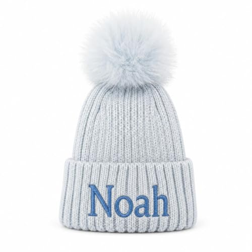 Lobeko Personalised Baby Hat with Pom Pom Custom Knitted Beanie for Newborns 0-12 Months Boys & Girls Ribbed Winter Hat with Name Embroidery – 4 Colours (UK, Age, 0 Months, 12 Months, Blue)