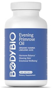 BodyBio Evening Primrose Oil - Natural Gamma Linolenic Acid for Healthy Skin & Hormone Balance - Non-GMO, Cold Pressed, 180 softgels