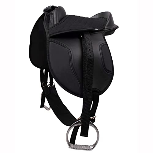 Sattel Pferd Shettland für Kinder 29 cm x 21 cm | Leichtes Gewicht | Inkl. Griff und Kissen | Verstellbar, Farbe QHP:schwarz