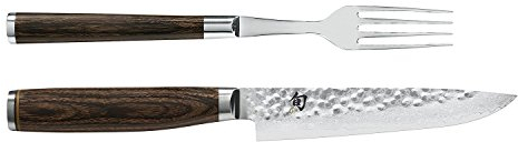 KAI Shun Premier Tim Mälzer japanisches Besteck 2er Set - Gabel 22 cm Gesamtlänge + Steakmesser 25 cm Gesamtlänge - Damastmesser 32 Lagen VG MAX Kern - 61 (±1) HRC - Pakkaholzgriff - Made in Japan