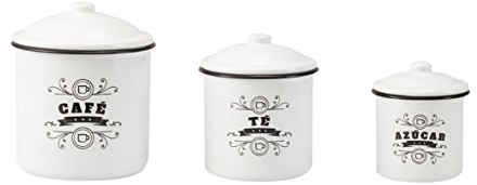 Franquihogar - Juego de 3 Botes Vintage Esmaltados para Cocina - Café, Té, Azúcar - Fácil de Limpiar, Apto para Lavavajillas - Blanco, Acero Esmaltado