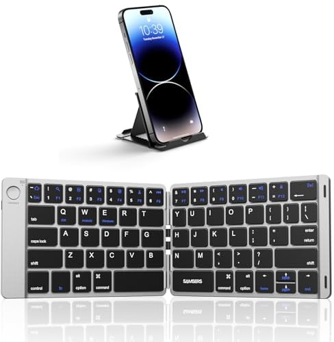 Samsers Foldable Bluetooth Keyboard - Portable Wireless Keyboard with Stand Holder, Rechargeable Full Size Ultra Slim Folding Keyboards Compatible IOS Android Windows Smartphone Tablet & Laptop-Silver