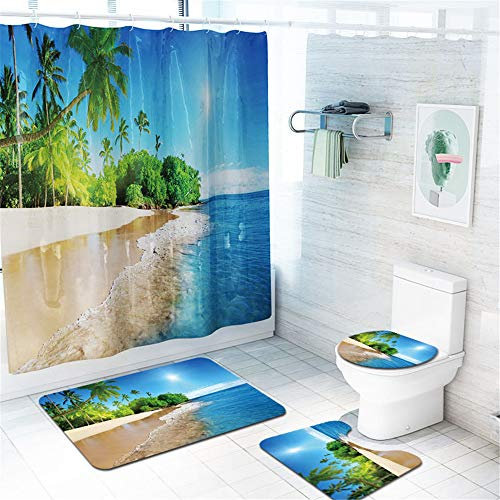 Morbuy 4 Pcs Ensemble Rideau de Douche Salle de Bain Tapis Contour WC Tapis de Bain Antidérapant Couvre Couverture de Toilette Siège - Impression de paysages naturels (Plage)