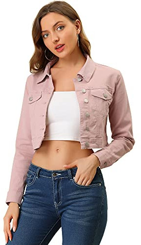 Allegra K Femmes Veste court en Jean Blouson en Denim Classique Boutonnée à Manches Longues Rose XL