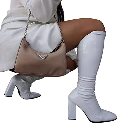 ORANDESIGNE Stivali da Donna con Punta Quadrata Pelle Verniciata Tacco Alto Tacco Grosso Stivali Lunghi Cerniera Laterale Stivali Scarpe da Festa A Bianco 37 EU