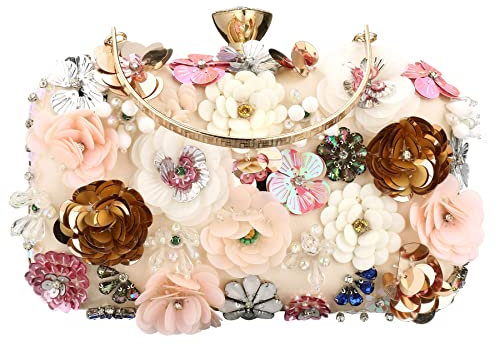 Rkrouco Damen-Clutch mit Blumenmuster – bunte Blumen-Handtasche mit Metall-Strasssteinen, Champagner2