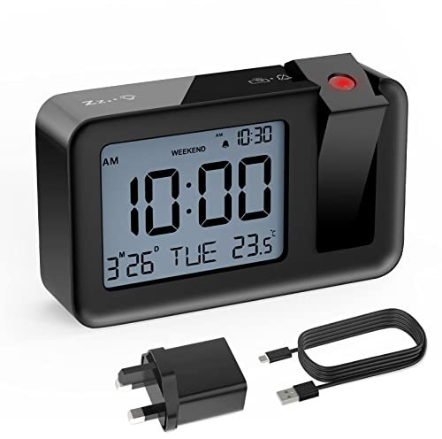 CHEREEKI Projection Alarm Clock, Digital Projector Clock Mains Powered Bedside with Big Digit Display, Indoor Temperature Display, Snooze, 4 Adjustable Brightness for Bedroom, Home(Black)