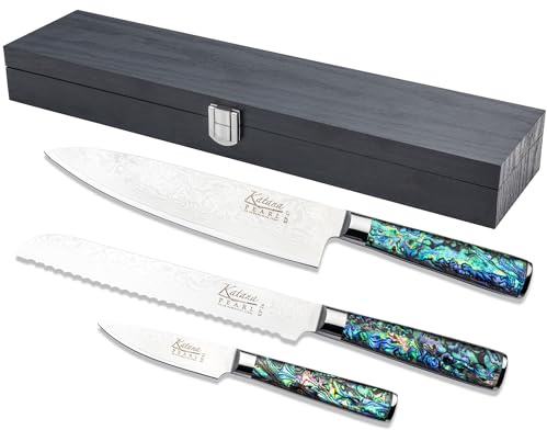 Katana Saya Pearl 3 Piece Kitchen Knife Set, 20cm Chef's, 20cm Bread and 12cm Paring Knives, Japanese VG-10 Damascus Stainless Steel, Acrylic Handle with Abalone Pattern
