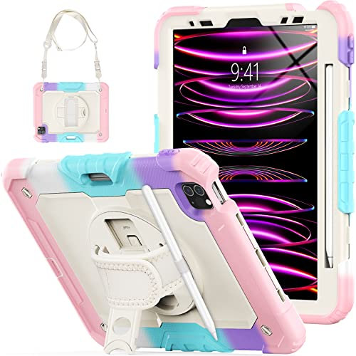 SEYMCY Kids Case for iPad Pro 11 Inch 2022/2021/2020/2018 (NOT Fit 2024 Released Version), Full-body Shockproof with Stand & Hand Strap, Screen Protector, Pencil Holder, Carrying Strap, Pink